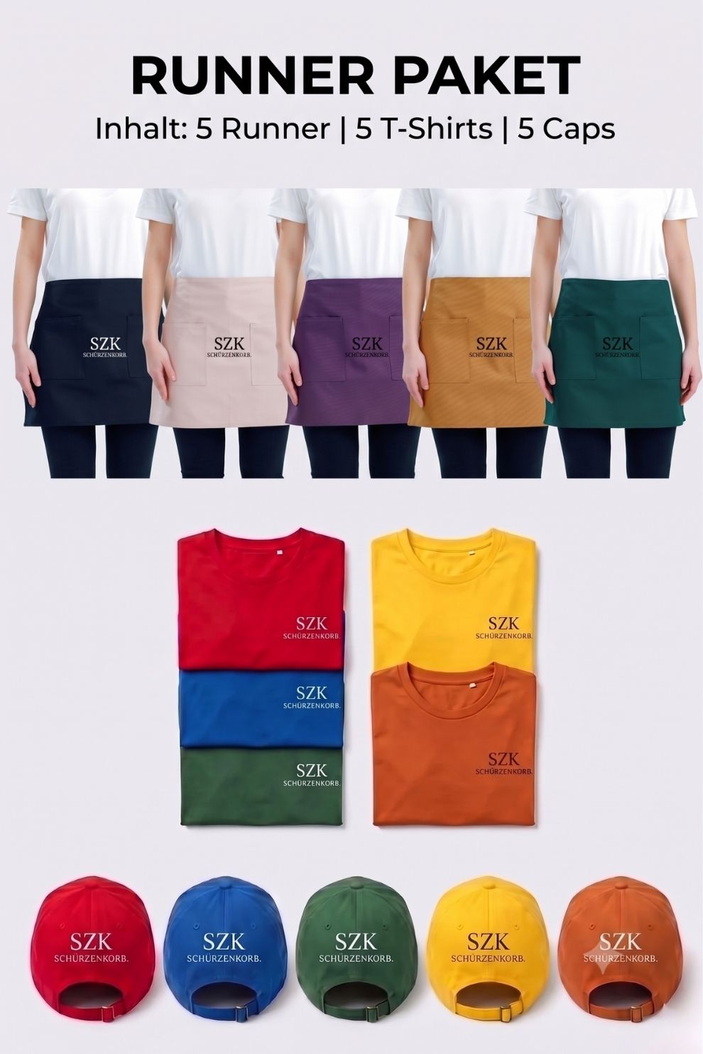 Runner Paket - 5 Schürzen - 5 T-Shirts - 5 Caps