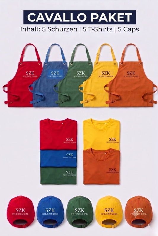 Cavallo Paket - 5 Schürzen - 5 T-Shirts - 5 Caps