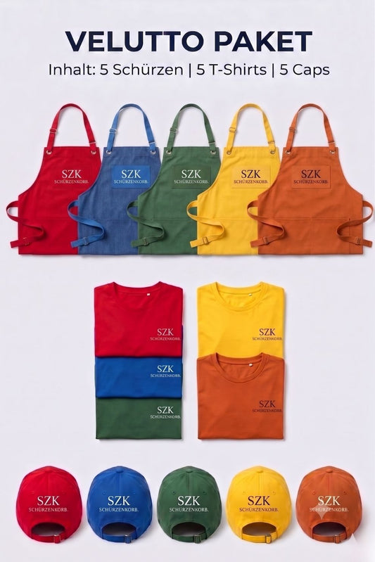 Velutto Paket - 5 Schürzen - 5 T-Shirts - 5 Caps