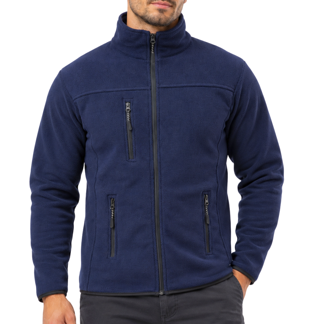 Dunkelblaue Unisex-Fleecejacke mit 3 Reißverschlusstaschen