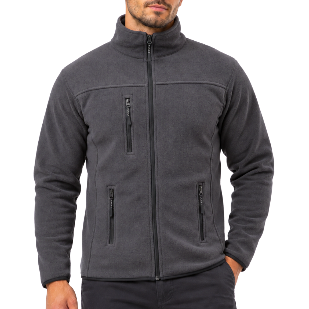 Anthrazitfarbene Unisex-Fleecejacke mit 3 Reißverschlusstaschen