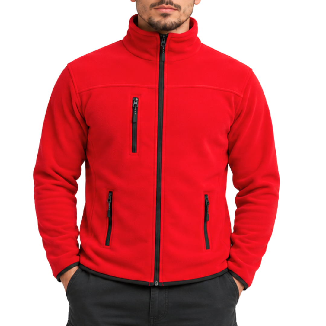 Rote Unisex-Fleecejacke mit 3 Reißverschlusstaschen