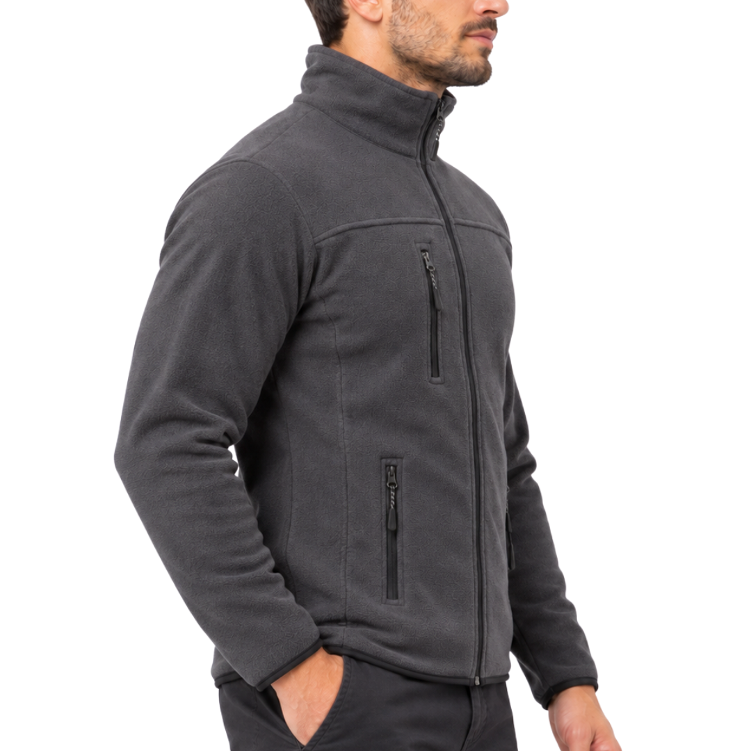 Anthrazitfarbene Unisex-Fleecejacke mit 3 Reißverschlusstaschen