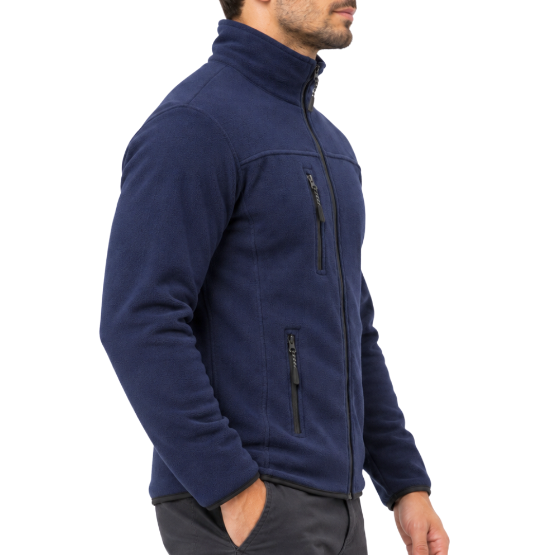 Dunkelblaue Unisex-Fleecejacke mit 3 Reißverschlusstaschen