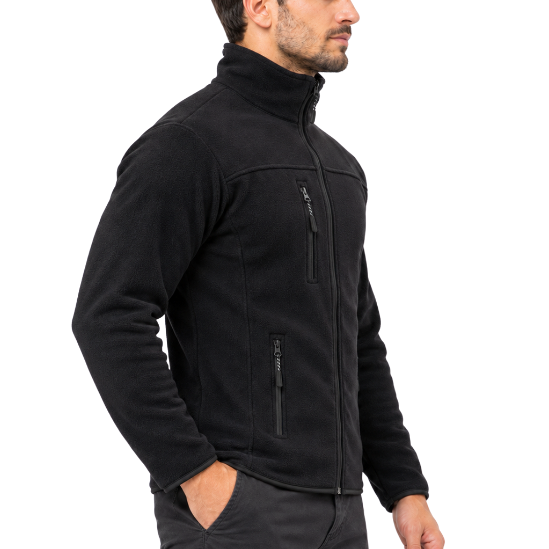 Schwarze Unisex-Fleecejacke mit 3 Reißverschlusstaschen