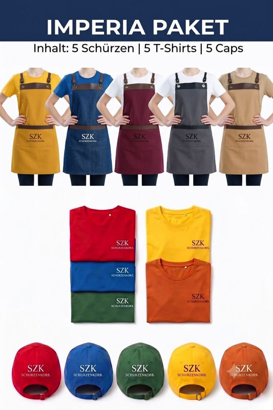 Imperia Paket  - 5 Schürzen - 5 T-Shirts - 5 Caps