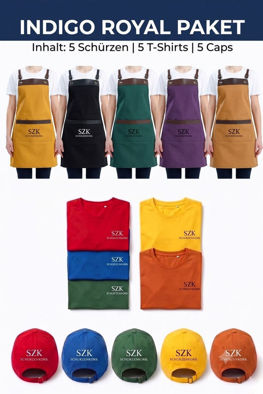 Indigo Royal Paket  - 5 Schürzen - 5 T-Shirts - 5 Caps